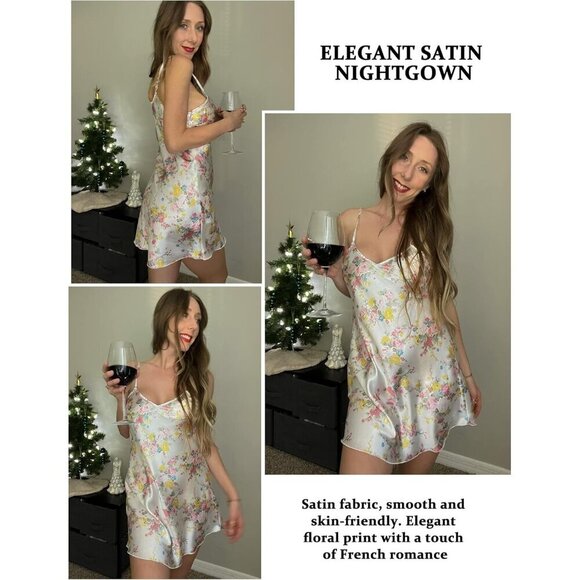 ❤️ Women White Nightgown Satin Sleepwear Mini  Slip Dress Babydoll Chemise - Picture 5 of 7